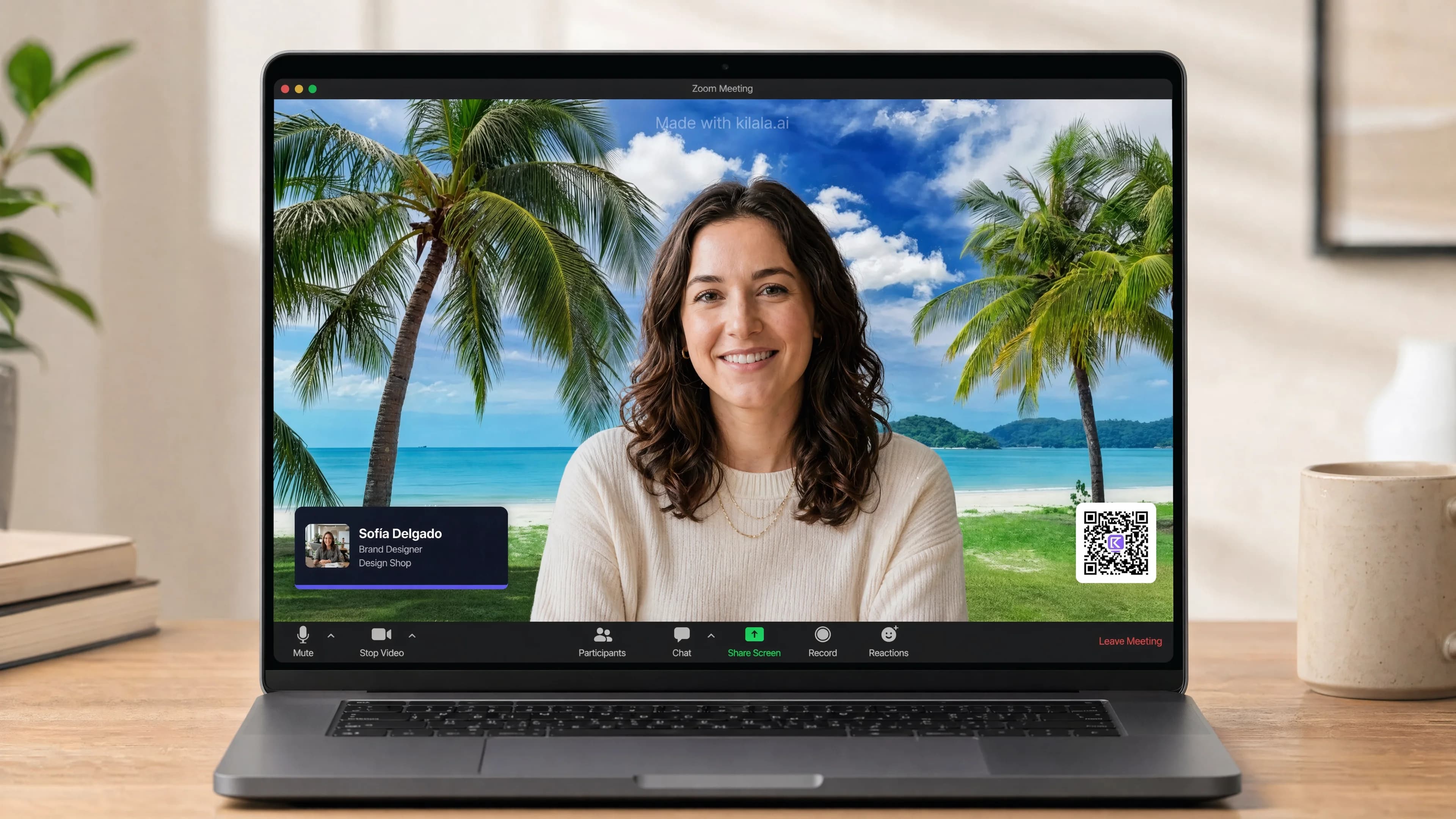 Branded Zoom virtual background with name and QR code